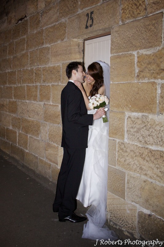 Couple laughing in a doorway of sandstone buiiding the rock sydney - wedding photography sydney